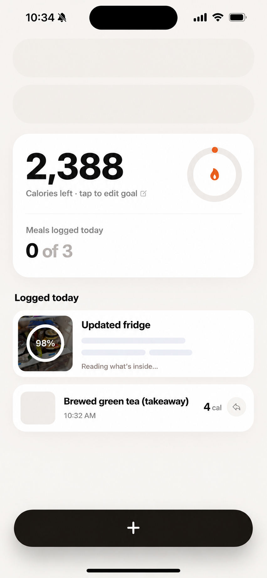 Fridgely's home screen showing calories left, meals logged, and today's log