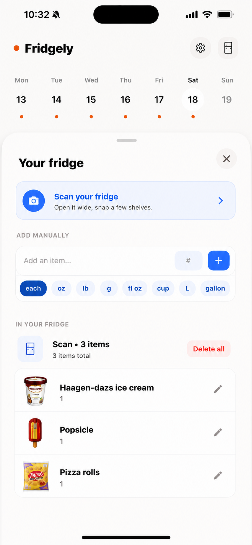 Fridgely's Your Fridge screen with scan and manual add options