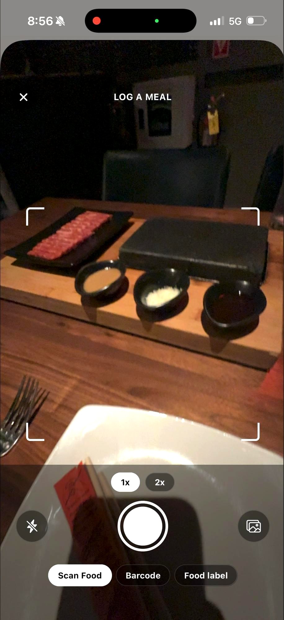 The Fridgely log-a-meal camera with Scan Food, Barcode, and Food label modes